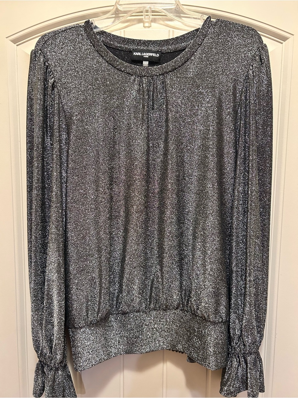 Karl Lagerfeld Metallic Silver Knit Long Sleeve Top